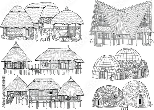 Detailed Line Drawing of Global Ethnic Architecture and Primitive Village Huts for Coloring