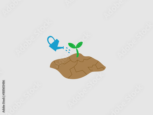 An illustration of a blue watering can hydrating a green sprout on cracked