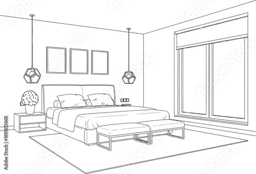 Contemporary Bedroom Interior with Modern Lighting and Large Window Sketch for Coloring