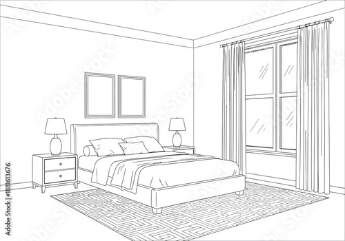 Cozy Bedroom Scene with Bed and Large Window Line Art Illustration for Interior Visualization