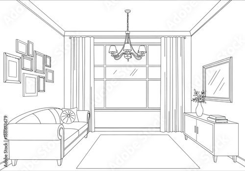 Spacious Living Room Layout Featuring Couch and Picture Frames in Clean Outline Style