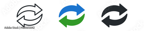 Three distinct refresh symbols, representing data synchronization with varied colors: black, blue, and green.