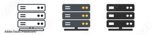 Three server icons in varying styles: outline, colored, and solid, representing digital infrastructure and technology.