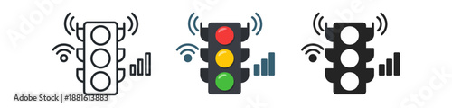 Modern traffic lights with wireless signals symbolizing smart city technology.