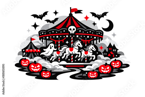Spooky Halloween fair. Haunted carousel with ghostly horses, pumpkins glowing along the