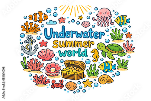 Underwater summer world. Hand-drawn doodle illustration of Underwater summer world. coral