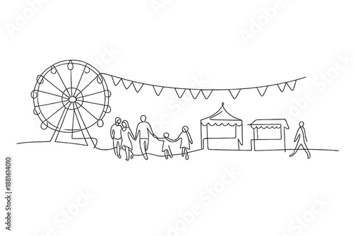 "Festival fun in summer". Minimalistic one-line drawing Ferris wheel, bunting flags and people walking among