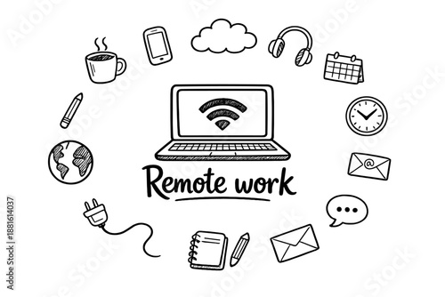 Remote work. Hand-drawn doodle illustration of Remote work. In the middle, one slightly larger central doodle
