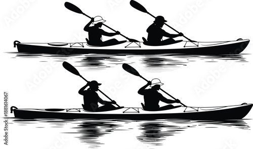 Black silhouette of two double kayaks with paddlers isolated on white background