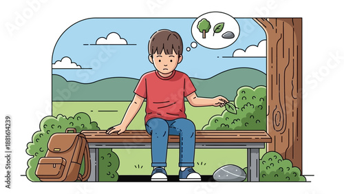 Boy sitting on a bench thinking.