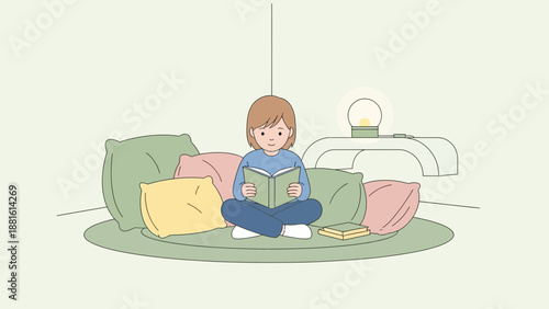 Boy sitting on floor reading book.