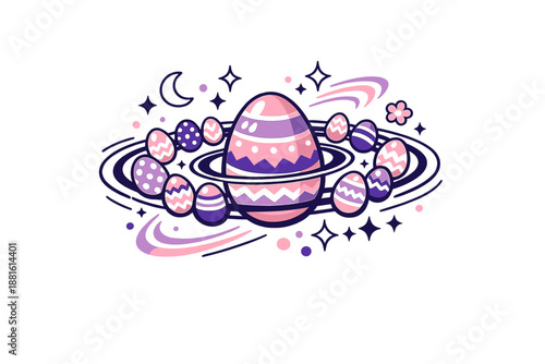 Easter Egg Orbit. Easter egg planet. Rings of painted eggs orbiting a central egg planet, light rays and