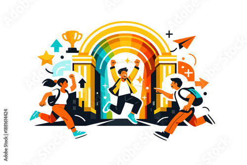 Rainbow-lit city gates. Golden arches shining as rainbow colors converge at the entrance. A symbolic arrival