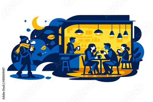 Evening café in fall. Night café glowing with warm lights, people silhouettes inside, crisp autumn air outside