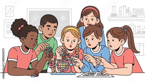 Children assembling a jigsaw puzzle together.