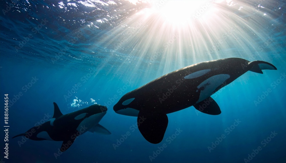 Fototapeta premium Deep blue ocean underwater scene featuring a shark and diver swimming near a marine reef with fish and wildlife silhouettes in the deep sea