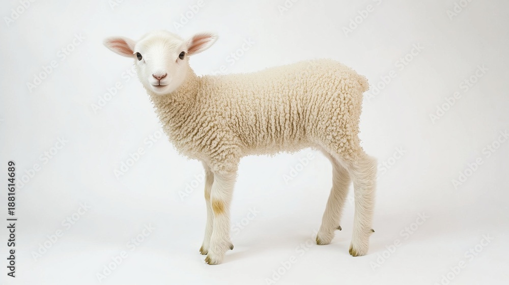 Fototapeta premium Fluffy White Sheep Isolated on Pure White Background