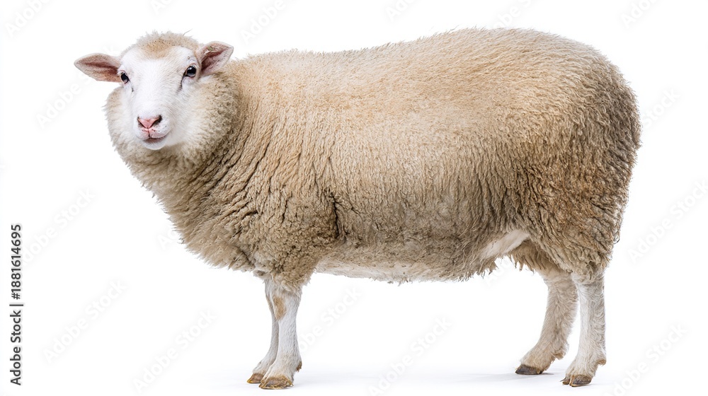 Fototapeta premium Fluffy White Sheep Isolated on Pure White Background