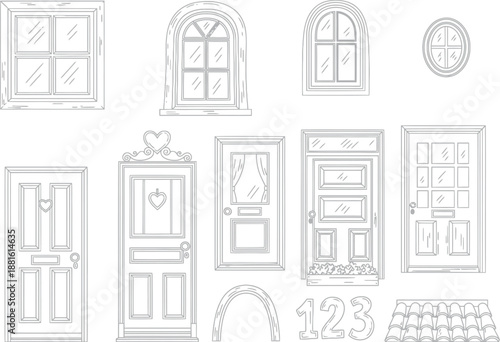 Collection of Various Front Door and Window Outline Illustrations for Home Improvement and Architecture