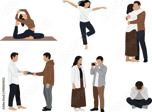Diverse Collection of Minimalist Human Characters Illustrating Yoga Poses Relationships and Daily Life