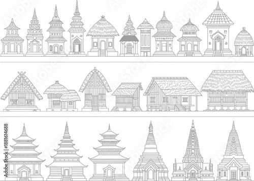Hand Drawn Line Art Collection of Traditional Southeast Asian Temples Pagodas and Village Houses