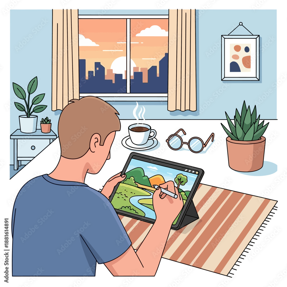 Fototapeta premium Artist drawing landscape on tablet at home, sunset view from window