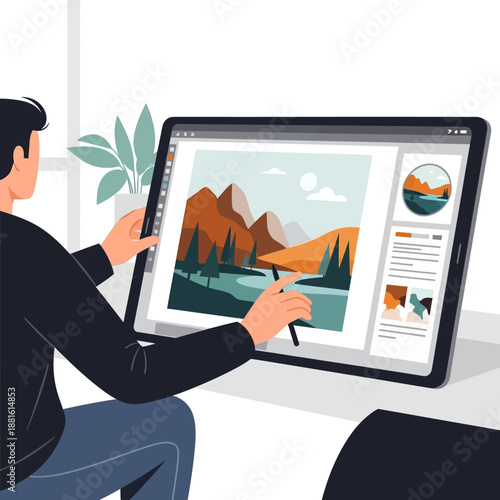 Graphic Designer Creating Digital Art Landscape on Tablet