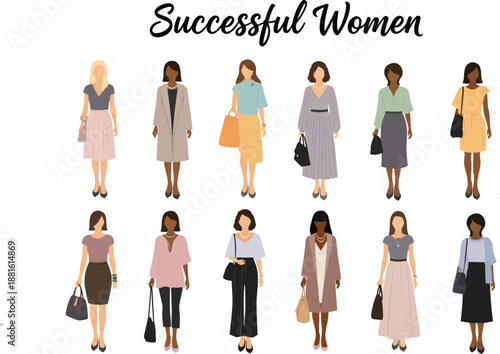 Collection of Professional Successful Women Illustrations in Modern Fashionable Work Outfits