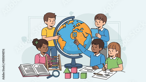 Children learning with globe and books.