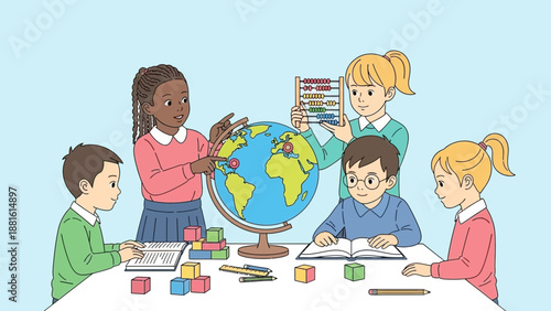 Children learning with globe at table.