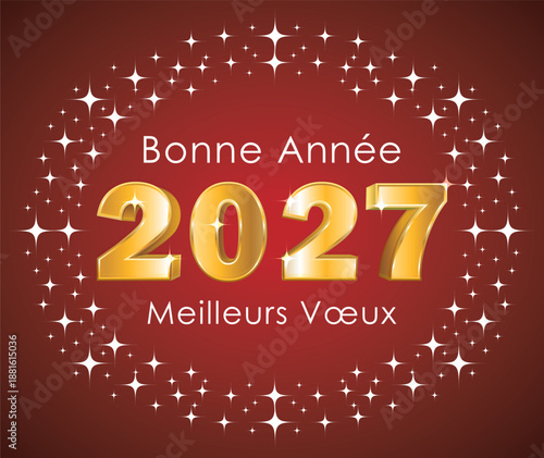 Gold 3D 2027 number and stars on red background. Hand drawn vector illustration. French greeting card.