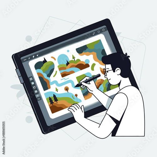 Digital Artist Creates Colorful Landscape Illustration on Tablet