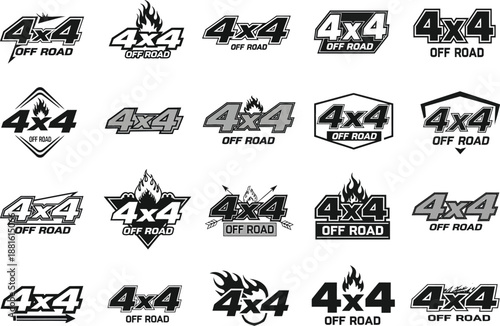 Set of Vintage Style 4x4 Off Road Vehicle Badges and Graphic Logo Designs for Adventure Branding
