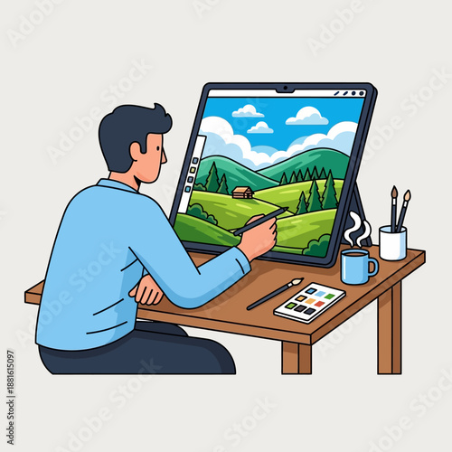 Artist drawing digital landscape on tablet, creative workstation setup