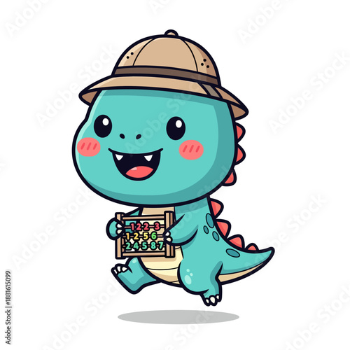 Cute dinosaur explorer holding an ancient artifact with a safari hat