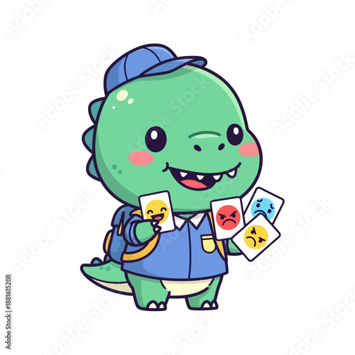 Cute cartoon dinosaur character engaging with fans using colorful emotion cards
