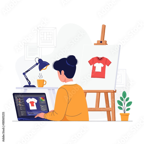 Graphic Designer Creating T-Shirt Art on Laptop and Easel