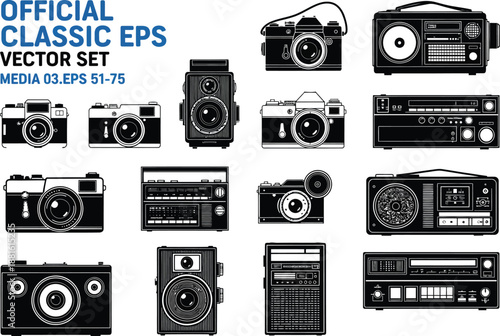 Collection of Retro Electronic Device Silhouettes Featuring Vintage Cameras and Portable Radios