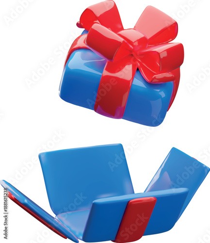 3D open blue gift box with red ribbon bow vector icon, realistic festive present surprise unbox celebration package
