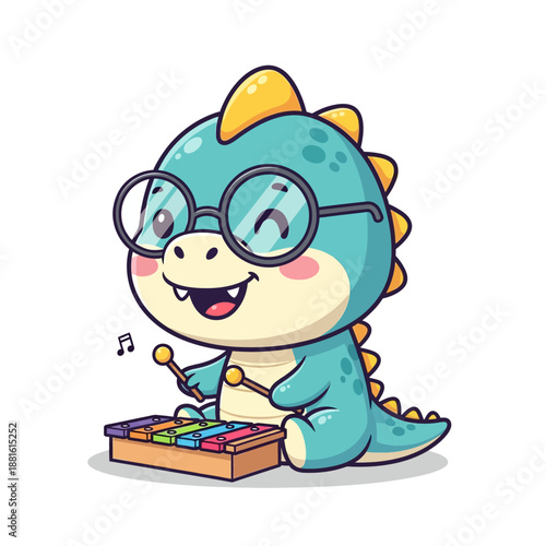 Cute cartoon dinosaur with glasses playing xylophone joyful illustration