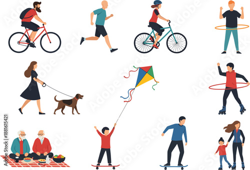 Large collection of diverse people characters participating in outdoor hobbies such as biking, jogging, skating, flying a kite, and having a family picnic in flat design style.