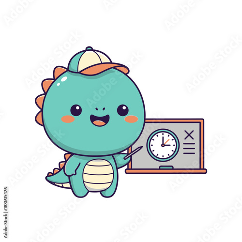 Adorable cartoon dinosaur character with a stopwatch and teaching tools for