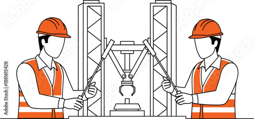 Minimalist line art illustration of two construction workers or engineers in safety vests and hard hats working on an industrial mechanical structure or machinery.