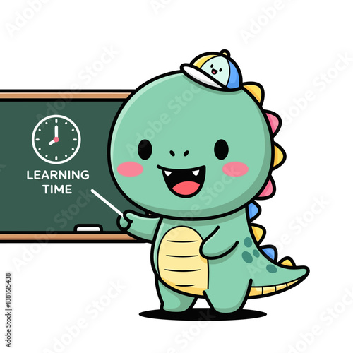 Cute cartoon dinosaur teaching children about learning time at school classroom