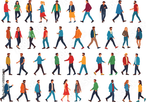 Large collection of diverse people characters in casual clothing shown in side profile walking or strolling, perfect for urban street scene visualization.
