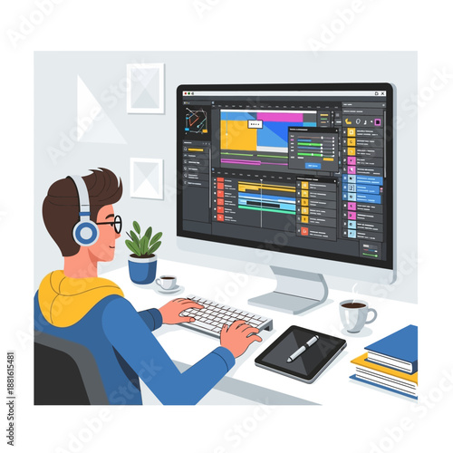 Young man editing video on computer with headphones and tablet