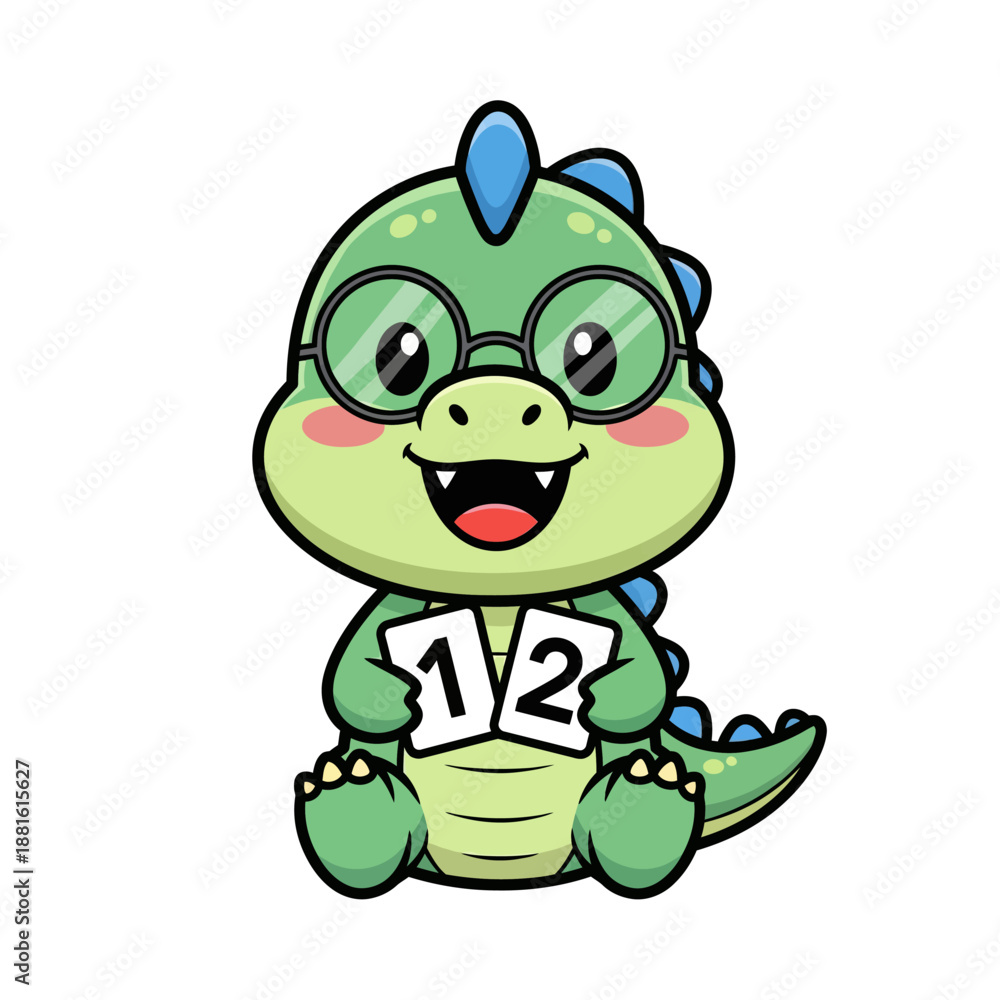 Obraz premium Adorable cartoon dinosaur wearing glasses holding a numbered sign with