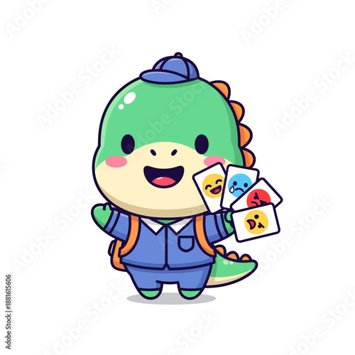 Cute cartoon dinosaur with backpack holding photos and wearing a cap engaging