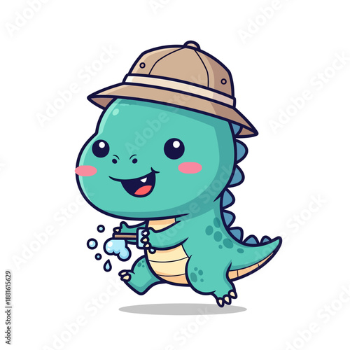 Adorable cartoon dinosaur wearing a safari hat drinking water playful