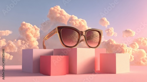 Stylish sunglasses resting on pink geometric blocks against a pastel sky with soft clouds, modern fashion accessory concept with minimal design, summer vibes, trendy eyewear display, and creative prod